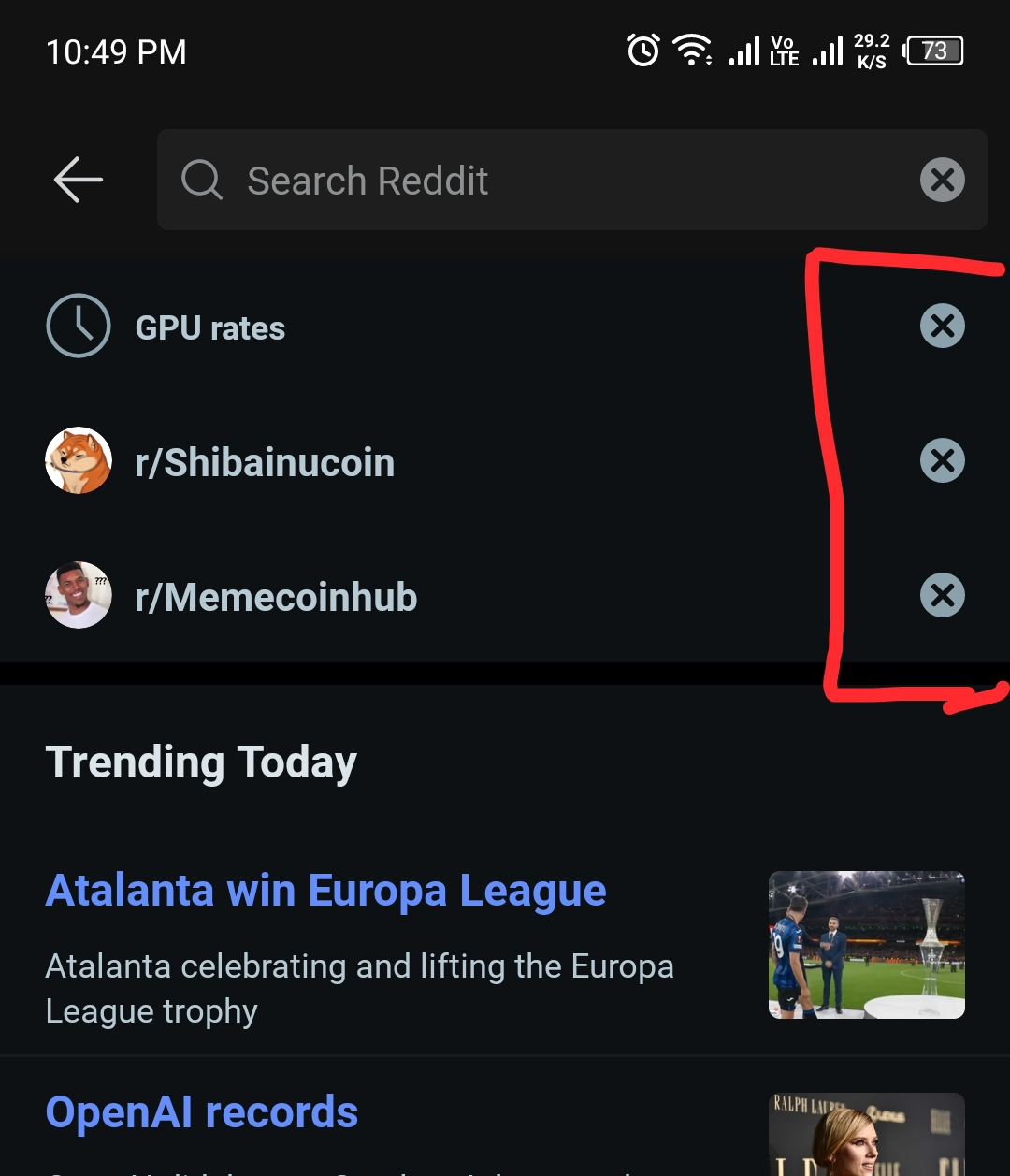 click on the x button to delete your reddit search history